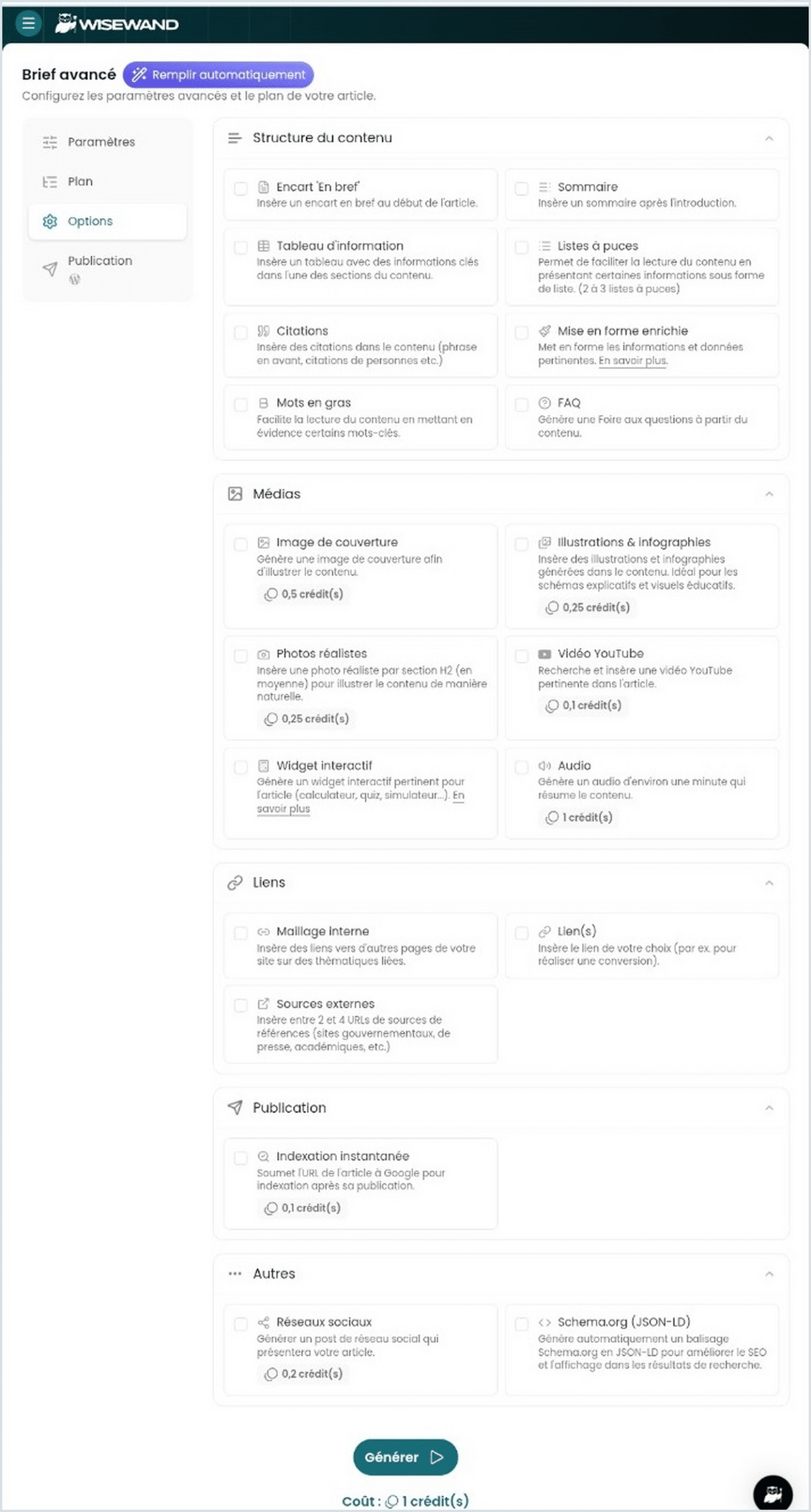 Options de génération disponibles dans Wisewand pour créer un article SEO