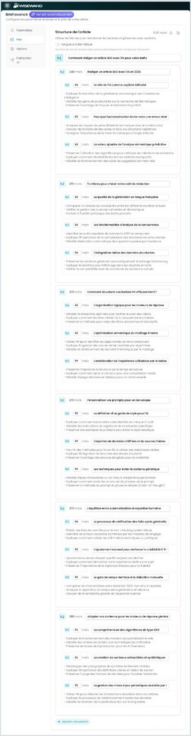 Plan SEO généré automatiquement par Wisewand avant la rédaction