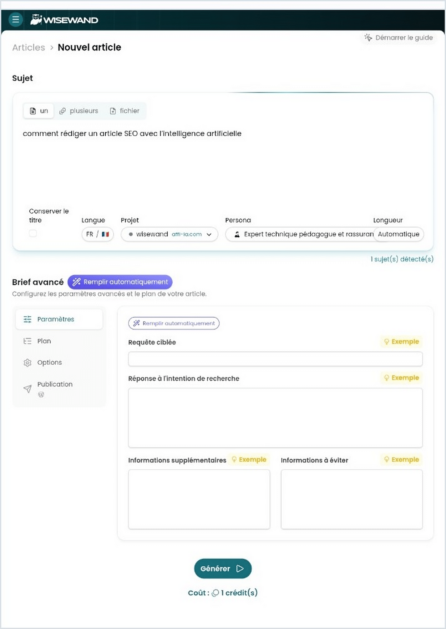 Configuration du test Wisewand avec le mot-clé, le projet Affi-IA et le persona