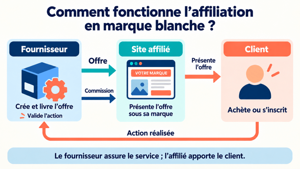 Schéma de l’affiliation en marque blanche : le fournisseur fournit l’offre, le site affilié la présente au client et reçoit une commission après validation de l’action.